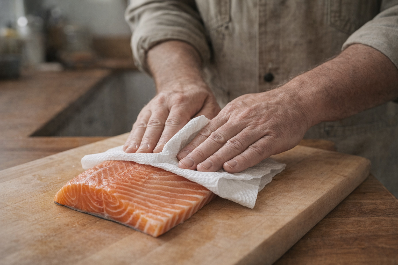 A close-up shot of a chef's hands patting dry a salmon fillet with a paper towel, good lighting